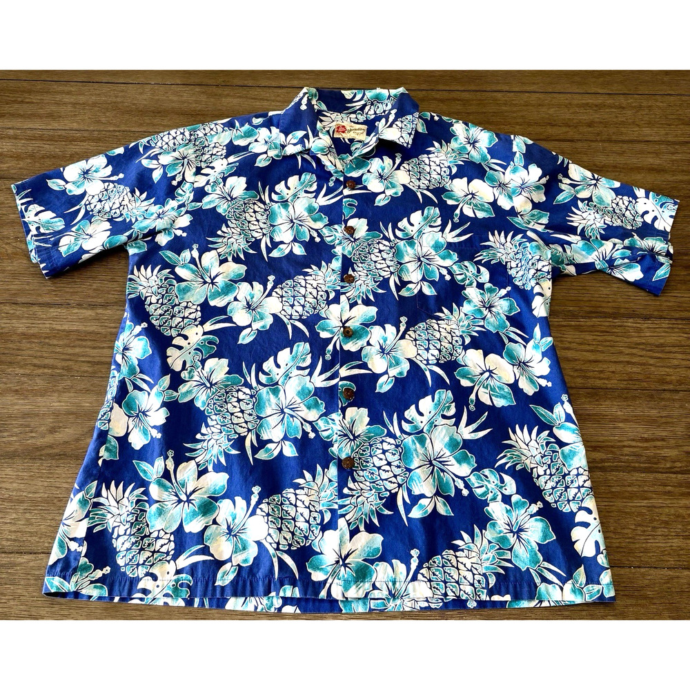 Hilo Hattie Hawaiian Men's XL Floral Button Up Shirt Blue Vtg Retro